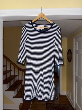 Sail to Sable Navy and White Striped Long Sleeve Knit Dress